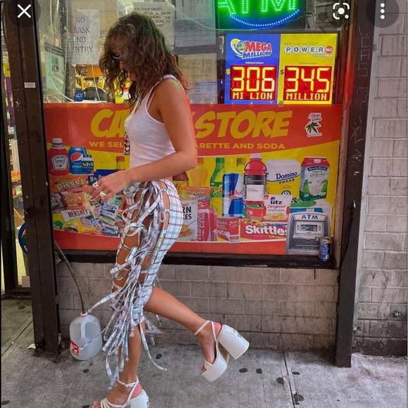 ISO These Pants!! Help Me Find- Plaid Tie Sides Cutoff With Cutout Fringe Capri - Picture 2 of 2